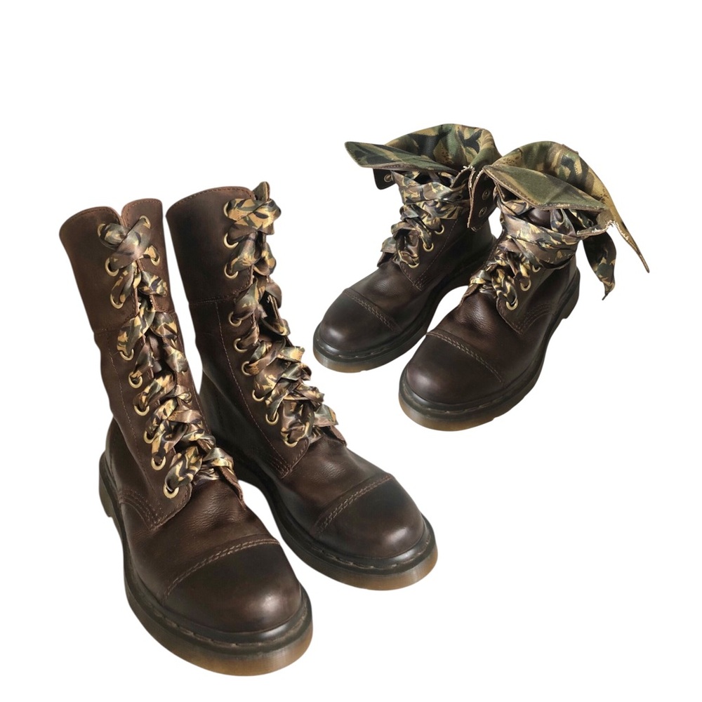 Dr. Martens Aimilita Rare Fold Over Camo Triumph Brown Leather Combat Boots